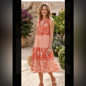 Chelsea & Theodore Red and White Floral Midi Dress